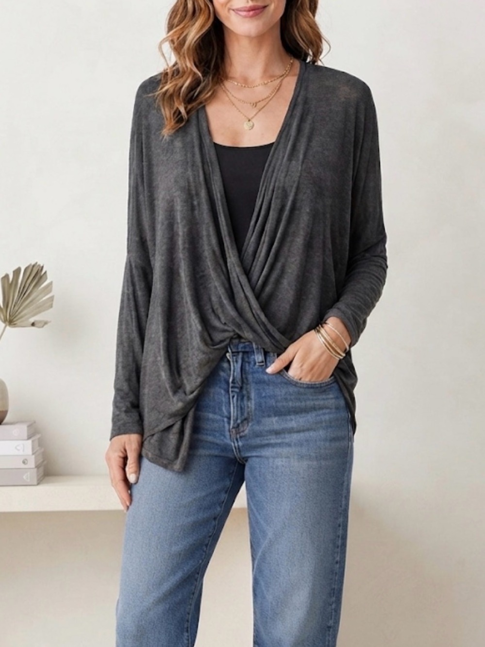Minimalist Better Be Gray Twist Front Draped Knit Long Sleeve Top M Modern Chic